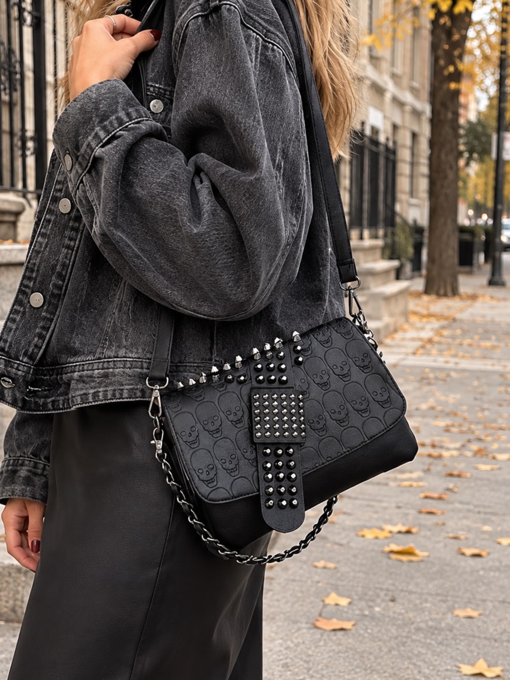 Studded Skull-Print Shoulder Bag in Black